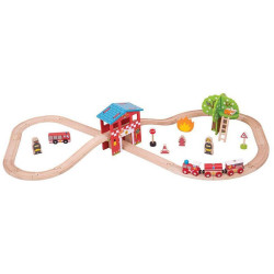 Coffret Train et Caserne de Pompiers en Bois Bigjigs | Circuit 39 Pièces 3 Ans
