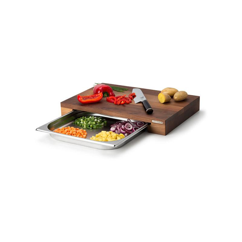 Planche à découper en bois de Noyer avec tiroir (bac gastro Inox)