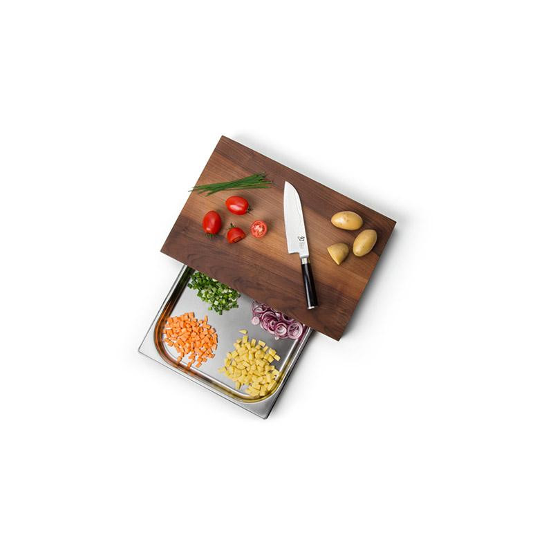 Planche à découper en bois de Noyer avec tiroir (bac gastro Inox)