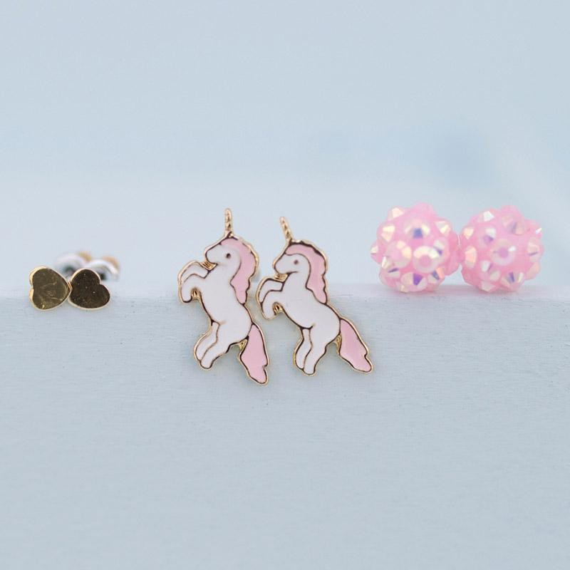 Boucles d'oreilles licornes cœurs boules brillantes x3 Great Pretenders