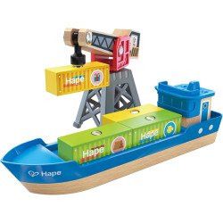 Bateau cargo et grue adaptés pour circuit de train en bois jouet Hape
