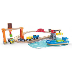Circuit de train en bois cargo et grue jeu Hape