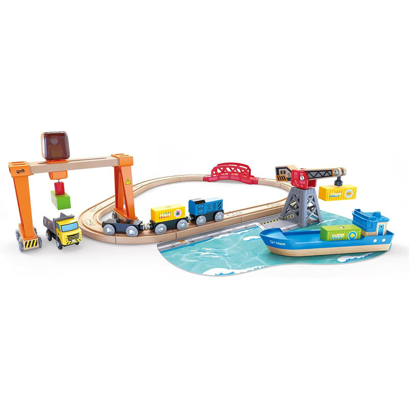 Circuit de train en bois cargo et grue jeu Hape