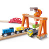 Circuit de train en bois cargo et grue jeu Hape