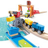 Circuit de train en bois cargo et grue jeu Hape