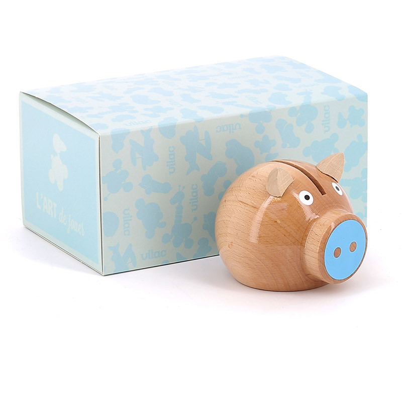 Tirelire Cochon bois naturel bleu Vilac