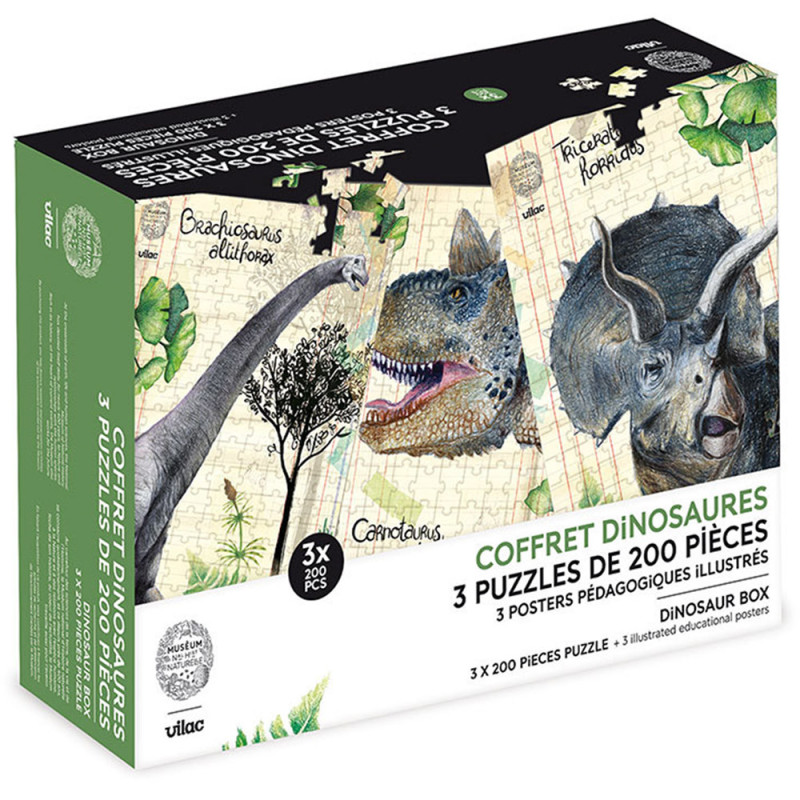 Ensemble de 3 Puzzles Dinosaures "Museum" – Vilac (3 x 200 pièces)