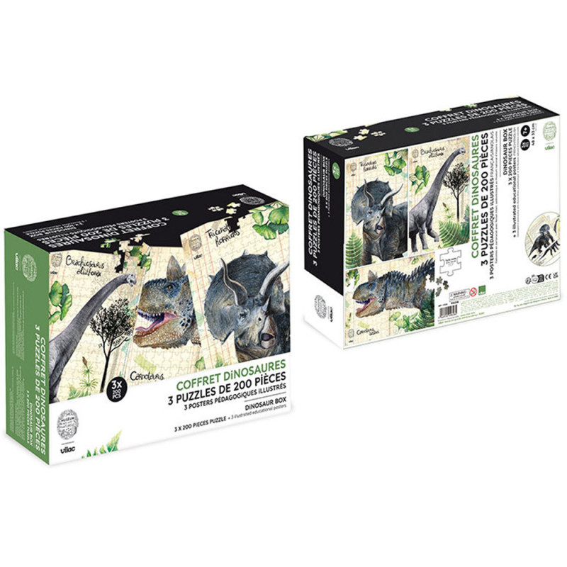 Ensemble de 3 Puzzles Dinosaures "Museum" – Vilac (3 x 200 pièces)