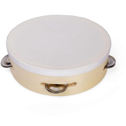 Tambourin avec peau et cloches en bois naturel