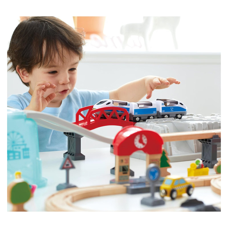 Circuit de train en bois grande vitesse avec caisse de rangement - Jouet bois Hape