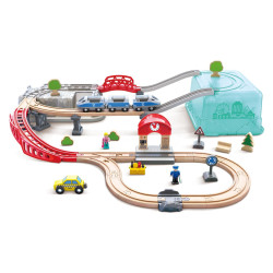 Circuit de train en bois grande vitesse avec caisse de rangement - Jouet bois Hape