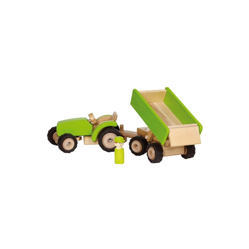 Tracteur vert en bois avec remorque, GOKI  La Boissellerie Magasin de  jouets en bois et jeux pour enfant & adulte