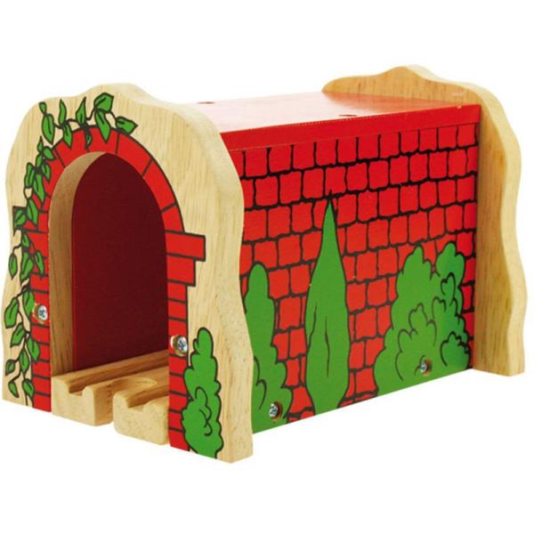 Tunnel de briques rouges pour circuit de train en bois