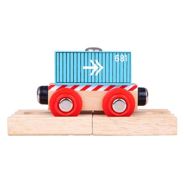 Wagon avec container bleu pour circuit de train en bois