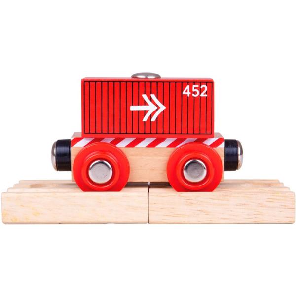 Wagon avec container rouge pour circuit de train en bois